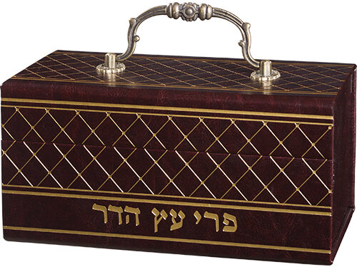 קופסת אתרוג דמוית עור במבט פרופיל, מעוטרת בדוגמת מעוינים מוזהבת, ידית מתכת מעוקלת וכיתוב פרי עץ הדר בחזית.
