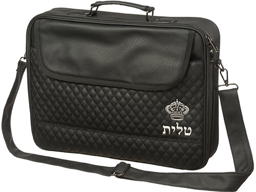 תיק טלית גדול גוון שחור פיו מפואר אותיות בולטות "כתר | PU Leathere Fabric Talit 43*36 cm with Handle- Black with Embossed Letters