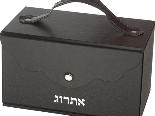 קופסת אתרוג דמוי עור בעיצוב מלבני, עם ידית אחיזה מעוקשת עליונה, סגירת תיקתק בחזית וכיתוב אתרוג מודפס.