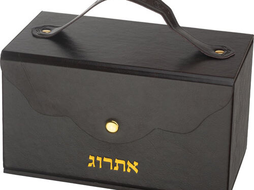 קופסת אתרוג דמוי עור בעיצוב מלבני, עם ידית אחיזה עליונה, מנעול תיקתק מוזהב ומילה אתרוג מודפסת בחזית מבט מהצד.