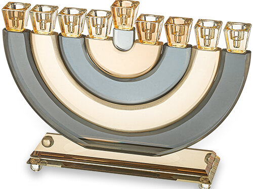 חנוכיה קריסטל גוף פסים חצי עיגול שחור זהב 21 | Crystal Elegant Hanukkiah 25cm - Gold, Black, Striped