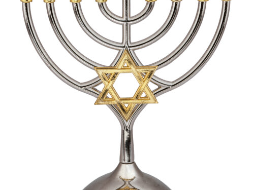 פריץ חנוכייה מתכת קנים זהב עם מגן דוד 18X16 ס"מ
