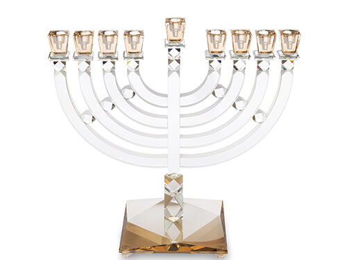 חנוכייה קריסטל שקוף קנים זהב עם בסיס זהב מרובע עם | Crystal Elegant Hanukkiah 33cm