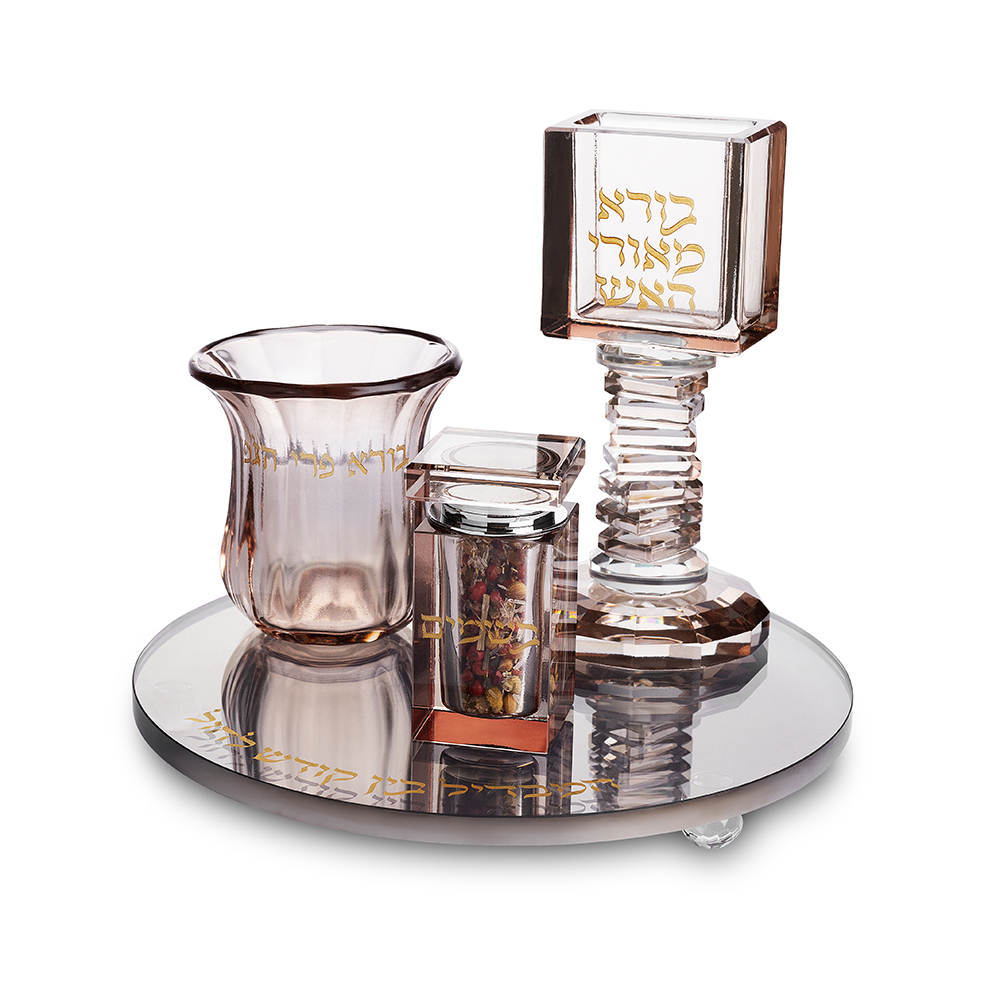 סט הבדלה מהודר מקריסטל רוז גולד עם מגש שחור עגול 20 ס"מ | Crystal Havdala Set 20 cm