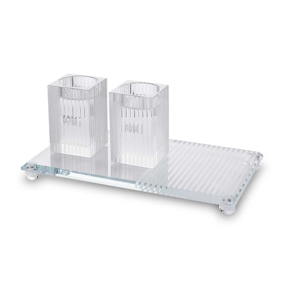 סט זוג פמוטי קריסטל עם מגש מהודר 23x13 ס"מ | Set of Crystal Elegant Candlesticks and tray 23x13 cm