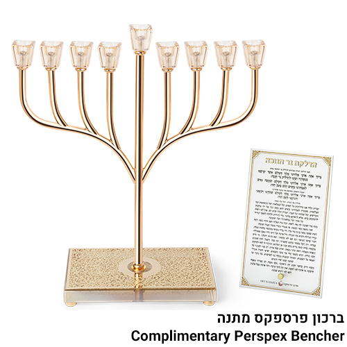 פריץ חנוכיה "אור הזהב" מתכת כסף עם קנים ובסיס קריסטל 42סמ